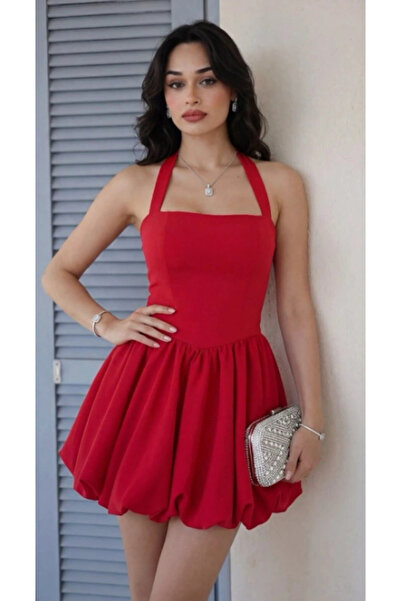 MetuCA Rochie mini roșie pentru femei, cu guler halter, din țesătură cu model...