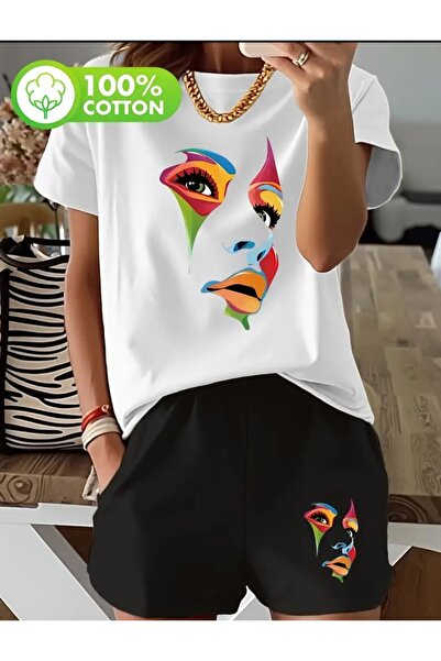ELAN WEAR White Printed Women'S/Men's Unisex T-Shirt Shorts 2-Piece Set Overs...