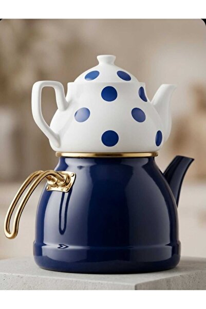 Home Gold Detailed Top and Porcelain Bottom Enamel Double Teapot Set Dark Blue