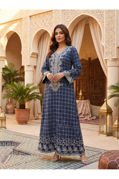 Finelook Women Navy Embroidered Maxi Dress All-Over Print