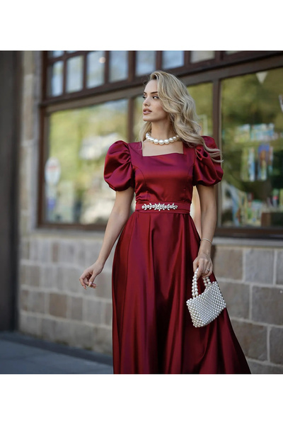 MetuCA Women's Burgundy Square Collar Watermelon Sleeve Stoned Belt Piece Lon...