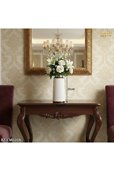 Hinora White Glass Vase with Gold Details 25X11Cm