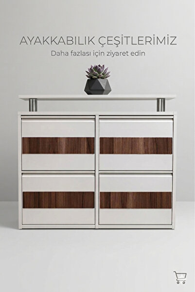 Tomkar 2+2 BEYAZ Metal Ayakkabılık Ahşap Ceviz Kaplamalı ( KİLİTLİ )