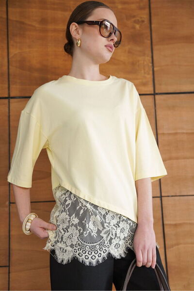 VERYMODA Ασύμμετρο T-shirt με δαντέλα - Κίτρινο |   D2953