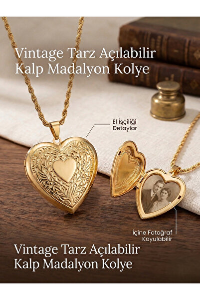stainles steel Vintage Açılabilir Kalp Madalyon Kolye Fotoğraflı Altın Kaplama