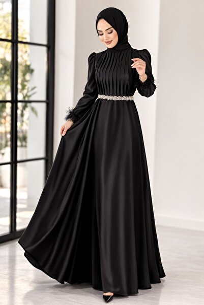 hiramir Saten Elbise Zarif Piliseli Taş Kemerli Abiye elbise YZ2616