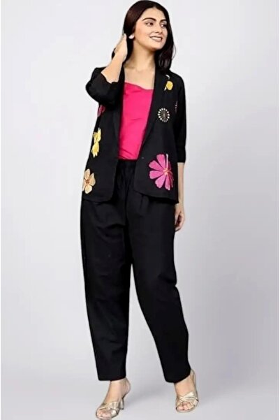 Genaric Women’s Cotton Blend Floral Embroidered Jacket Co-Ord Set 3 Piece Eth...