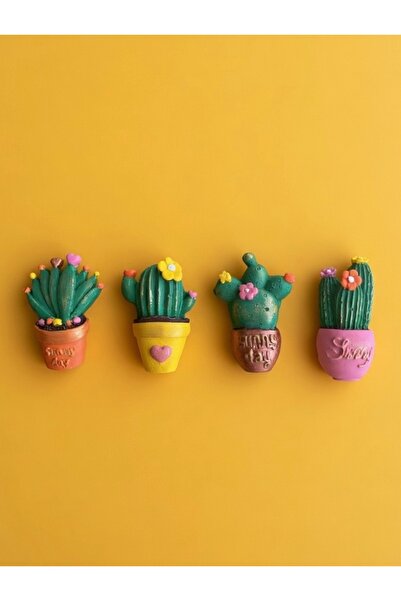 Tilekey Seramik Kaktüs Magnet Seti 4’lü – Dekoratif Buzdolabı Magneti | Renkl...