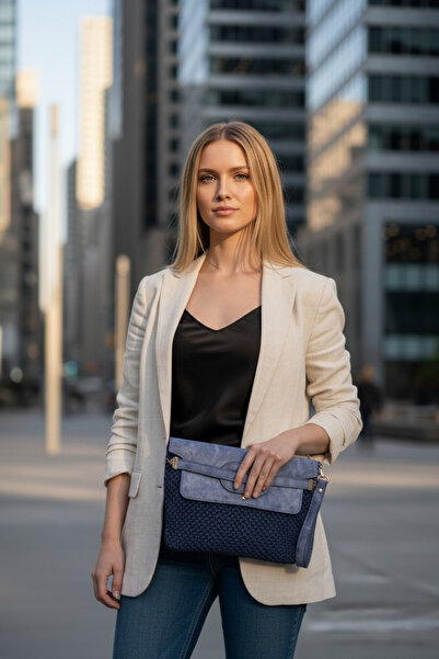 Mimoza Accessories Leather Special Design Blue Clutch with Cover for Women Bag