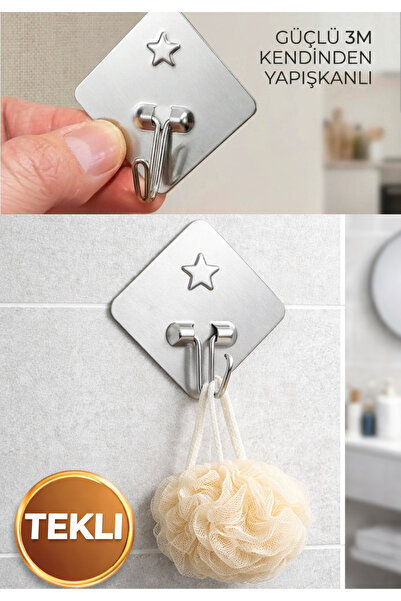 BRE HOME Paslanmaz Çelik Yapışkanlı Askı 5x5 cm Tekli –3M Yapışkanlı Banyo Mu...