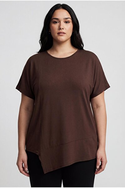 Ebsumu Women's Plus Size Asymmetrical Cut Loose Dark Brown Blouse
