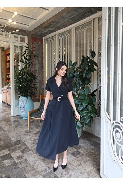 KECHİ WOMAN Double-Breasted Yaka Belt Li Slit Dress Linda Fabric