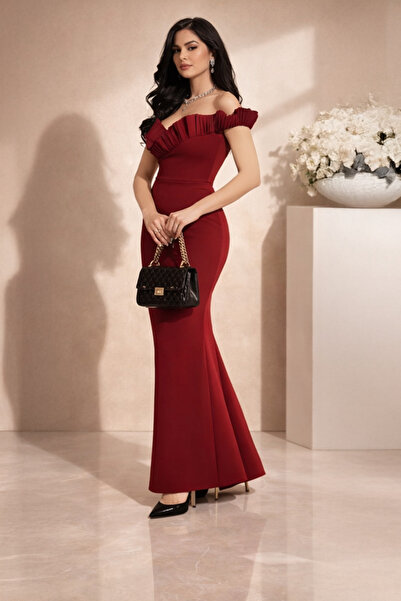 Abad فستان تركي عنابي بكسرات أنيقة