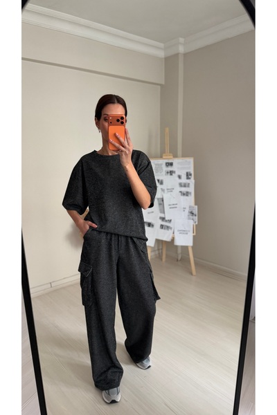 NURCAN KESKİN STORE Women's Glittery Short Sleeve Bottom Top Set