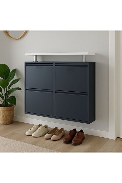 Tomkar 2+2 Antrasit Metal Ayakkabılık Ahşap Ceviz Kaplamalı ( KİLİTLİSİZ )
