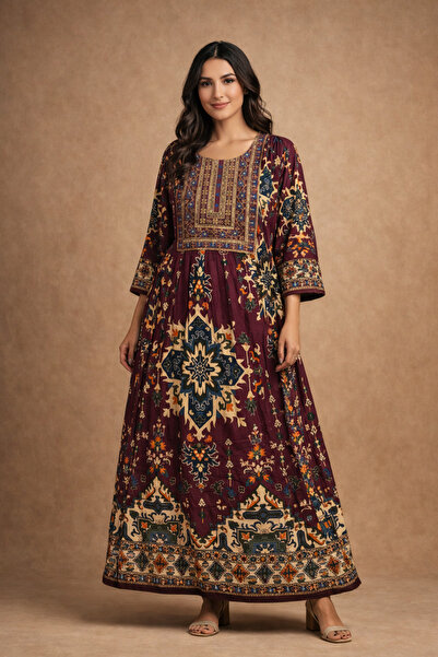 Mabrook Jalabiya Cotton Blend – Ladies A-Line Maxi Ethnic Pattern Embroidered...
