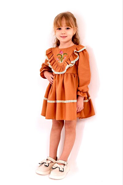 coollbebek Kiremit Renkli Kanaviçe İşlemeli Kız Çocuk Elbise