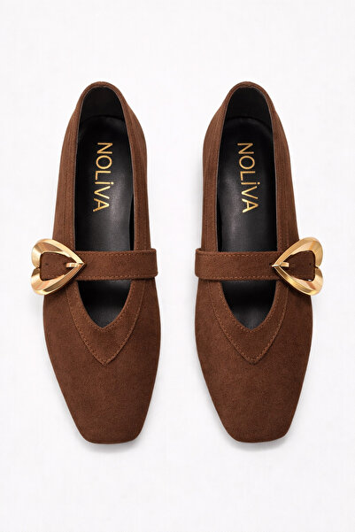 Noliva Women's Brown Suede Heart Buckled Ballet Flats Casual Stylish Mary Jan...