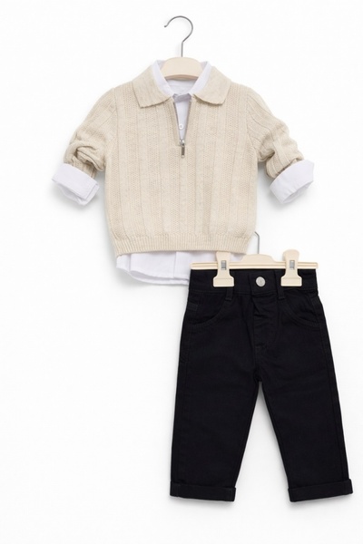 Pure Boutique Set bebe baieti elegant camasa cardigan crem si pantaloni