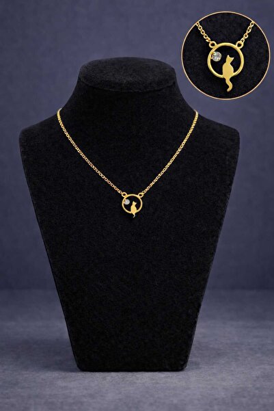 mdm style Minimal Cat Figured Stone Detailed Gold Color Necklace