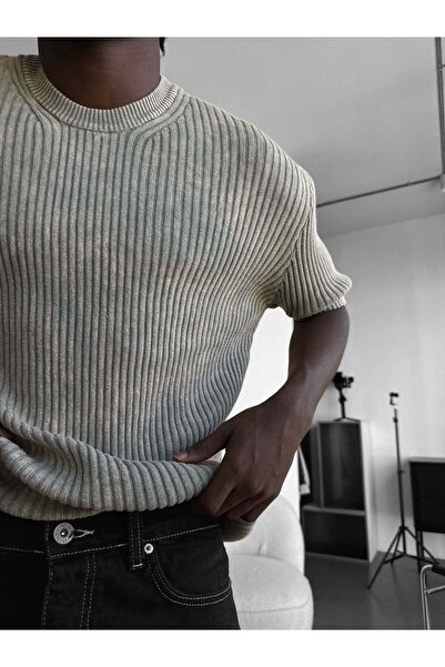 elkumoda Men's Half Oversized Striped Washable Knitwear T-Shirt Corded Fabric...