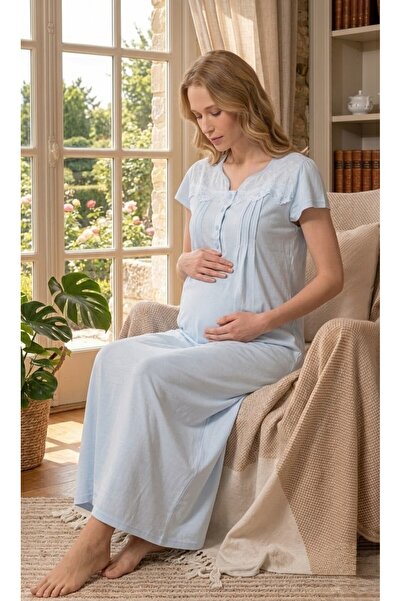 Lohusa Homewear قميص نوم صيفي للحوامل باللون الأزرق من نيو سيزون بتصميم مطوي ...