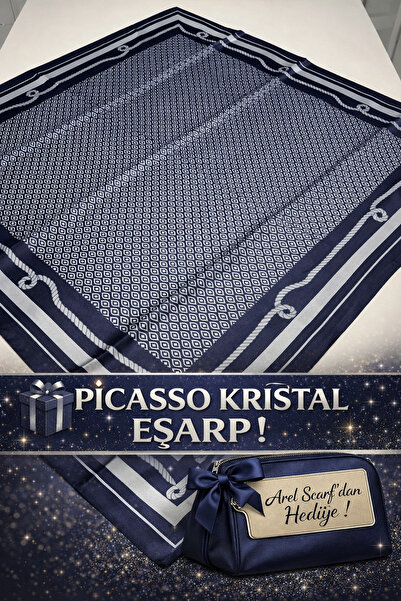 Picasso Silk Look Navy Blue, Gray Crystal Scarf – Stylish Design 90X90