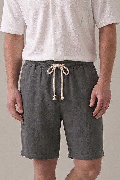 OXVİN Ανδρικό σορτς μπεζ μουσελίνα Λινό 100% Βαμβάκι πίσω Με τσέπες ολόσωμο