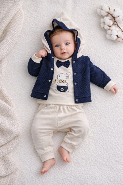 Pure Boutique Baby boys navy blue cream 3 piece set hoodie blouse and bunny p...