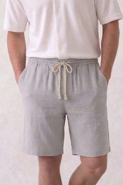OXVİN Ανδρικό σορτς γκρι μουσελίνα Λινό 100% Βαμβάκι πίσω Με τσέπες ολόσωμο