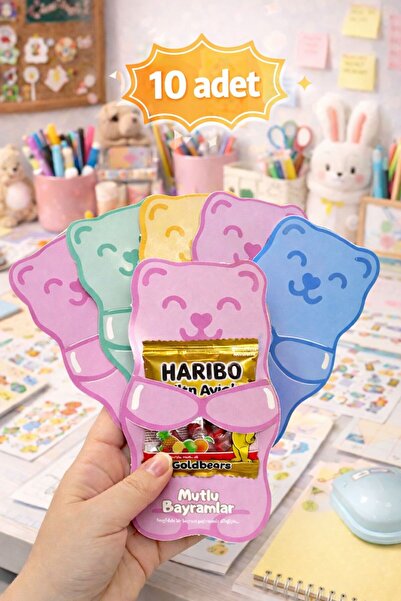 WALLHUMAN Ayıcıklı Bayram Jelibon Şeker Kartı – 10 Adet Renkli Ayıcık Kartı |...
