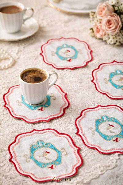 ZORENSA 6’lı Nakışlı Kokteyl Peçete Seti – Kahve Sunumluk Peçetesi Kumaş 13x1...