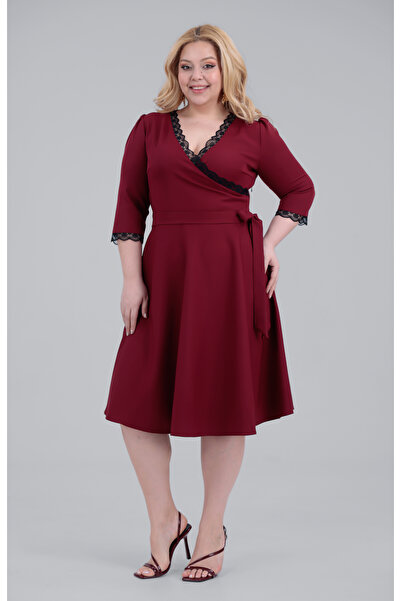 MAG FASHİON Truvakar Sleeve Burgundy Plus Size Evening Dress with Flared Skir...