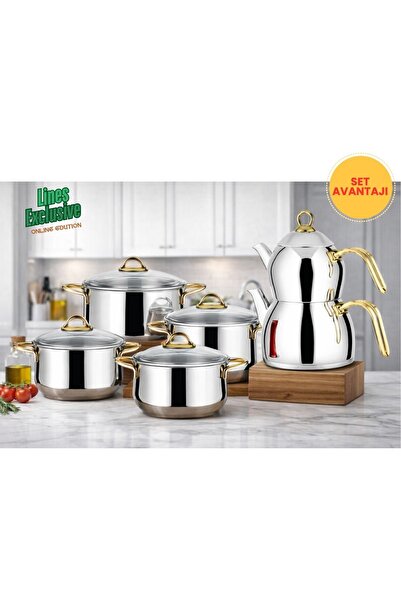 Lines Pırıl 8 Parça Çelik Tencere Seti + Aycan Orta Boy Çaydanlık | Paslanmaz...
