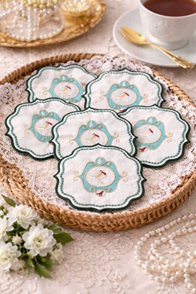 ZORENSA 6’lı Nakışlı Kahve Sunumluk Peçetesi Kumaş – Kokteyl Peçete 13x13 cm