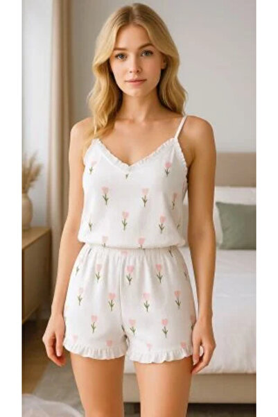 NIGHTLINGHT Kadın İp Askılı Çiçek Desenli Şortlu Gecelik