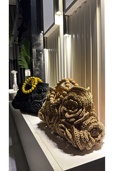 WOMANBAG EL YAPIMI AHŞAP BONCUK SAPLI HASIR GÜL ÇANTA(hasır renk 40x30cm)