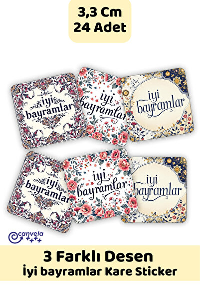 İstisna 3 Farklı Desen İyi Bayramlar Krem Rengi Kare Desenli Olsun Sticker Çı...
