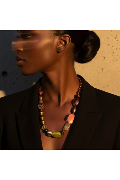 COCOSH TAKI Yeşil kahverengi turuncu gold detaylı çoklu özel tasarım kolye