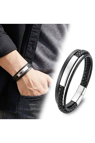 FM 💎   Premium Name Engravable D Leather Steel Plate Bracelet – Silver 31834...