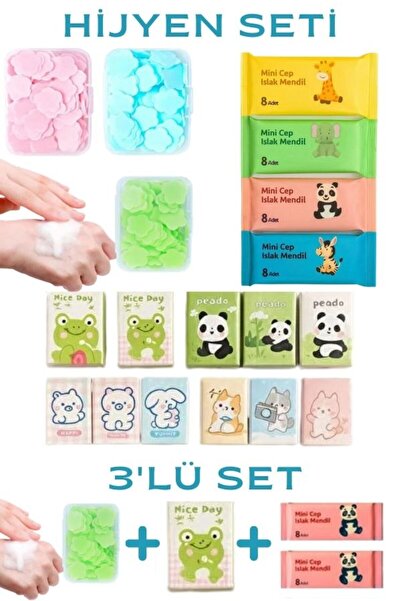 HİROS'H Hijyen Paketi Sabun Kuru Mendil Islak Mendil 3'lü Set