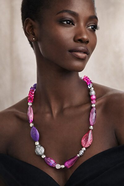 COCOSH TAKI Purple Pink Large Beaded Silver Color Detailed Special Design Nec...