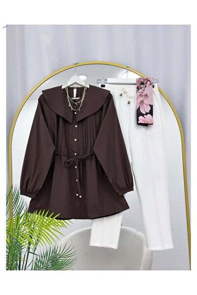PALMİYE GİYİM GENİŞ YAKALI NERVÜRLÜ KUŞAKLI GÖMLEK