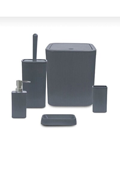 Line 5 Parça Kare Banyo Seti - Çöp Kovası WC Fırçası Sıvı-Katı Sabunluk Diş F...