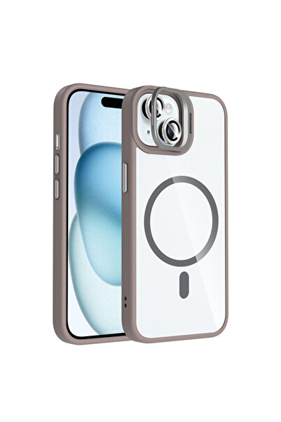 Paladyum Case iPhone 15 Compatible Camera Frame Stand M-Safe Gray Etro Cover