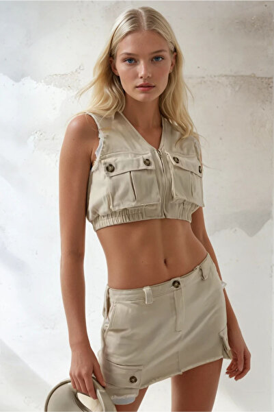 All About Her Astarlı Düğmeli Sokak Tarzı Bej Mini Etek