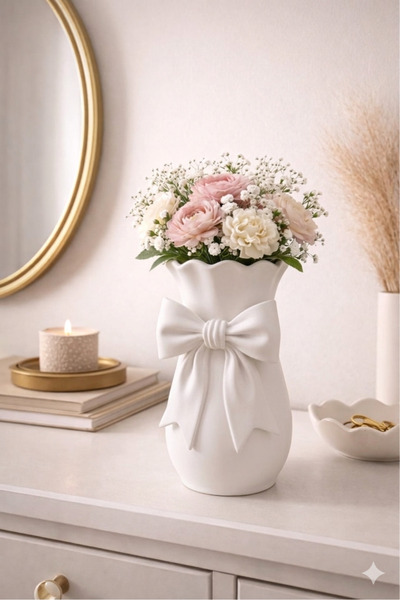 3Dikili design 3D Baskı Fiyonklu Dekoratif vazo Beyaz 17x10cm