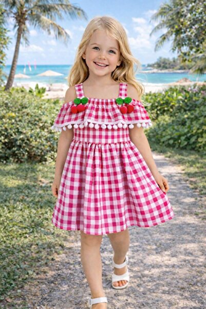 Kuzucuk Kids Bebek Çocuk Butik Kız Çocuk Kiraz Detaylı Fuşya Pötikare Askılı ...