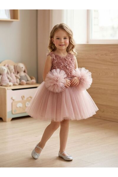 Delfini kids Pompom Sleeves Rose Patterned Tulle Party and Birthday Dress