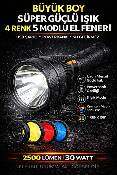 nelerbulurum Süper Güçlü Şarjlı Su Geçirmez 5 Modlu 4 Renk ışıklı Powerbank o...